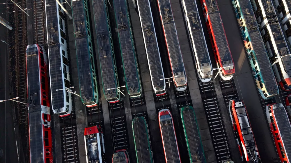 Trams are pictured at a storage facility during a nationwide strike called by the German trade union Verdi over a wage dispute, in Bonn, Germany, February 27, 2026. REUTERS/Erol Dogrudogan