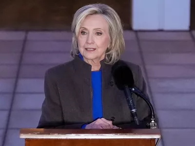 Former Secretary of State Hillary Clinton speaks outside the Chappaqua Performing Arts Center, after testifying before U.S. House lawmakers as part of a congressional investigation into convicted sex offender Jeffrey Epstein, Thursday, Feb. 26, 2026, in Chappaqua, N.Y. (AP Photo/Yuki Iwamura)