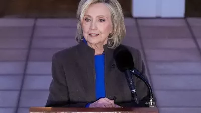 Former Secretary of State Hillary Clinton speaks outside the Chappaqua Performing Arts Center, after testifying before U.S. House lawmakers as part of a congressional investigation into convicted sex offender Jeffrey Epstein, Thursday, Feb. 26, 2026, in Chappaqua, N.Y. (AP Photo/Yuki Iwamura)
