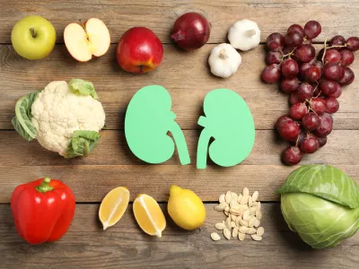 Flat lay composition with paper cutout of kidneys and different products on wooden table / Foto: Liudmila Chernetska