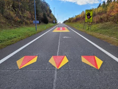 Talne signalizacije na avtocestnem dovozu, avtocesta, vožnja v napačno smer, Dars / Foto: Dars