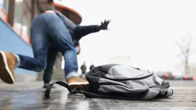 Close-up of person get injury after falling on slippery ground in winter season. Personal backpack lay on asphalt ice. Accident, trauma, clumsy concept / Foto: Ivan-balvan Getty Images