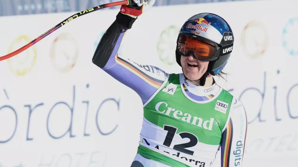 Germany's Emma Aicher reacts at the finish area during a women's World Cup super-G race, in Soldeu, Andorra, Saturday, Feb. 28, 2026. (AP Photo/Marco Trovati)