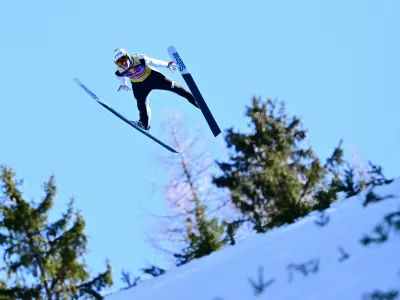 Ski Jumping - FIS Ski Jumping World Cup - Kulm, Tauplitz, Austria - February 27, 2026 Slovenia's Domen Prevc in action during the men's flying hill HS235 qualification REUTERS/Christian Bruna