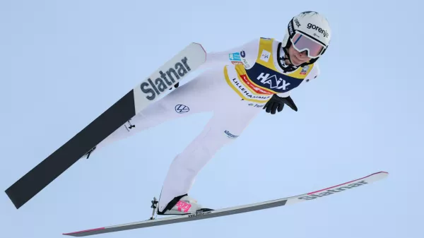Slovenia's Nika Prevc competes in the 1st round of the women's world cup ski jumping in Lillehammer, Norway, Saturday Nov. 22, 2025. (Geir Olsen/NTB Scanpix via AP)