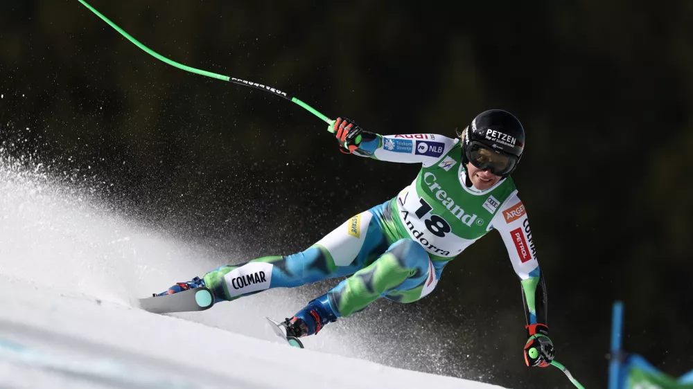 Slovenia's Ilka Stuhec speeds down the course during a women's World Cup super-G race, in Soldeu, Andorra, Sunday, March 1, 2026. (AP Photo/Gabriele Facciotti)