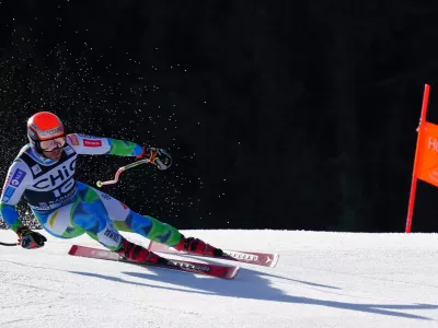 Slovenia's Miha Hrobat speeds down the course, during a men's World Cup downhill race, in Garmisch Partenkirchen, Germany, Saturday, Feb. 28, 2026. (AP Photo/Pier Marco Tacca)