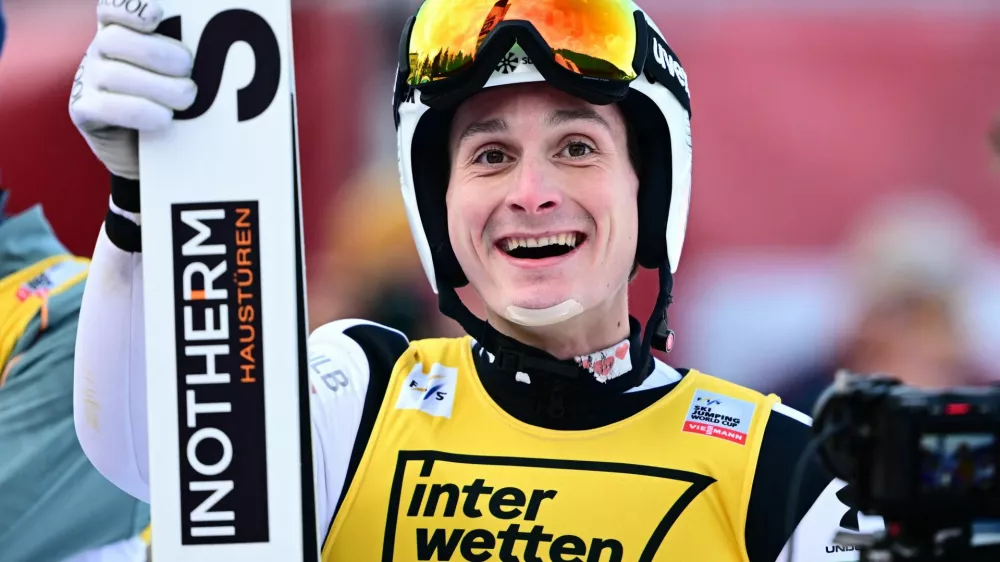 Ski Jumping - FIS Ski Jumping World Cup - Kulm, Tauplitz, Austria - March 1, 2026 Slovenia's Domen Prevc celebrates after winning the men's individual hs235 REUTERS/Christian Bruna