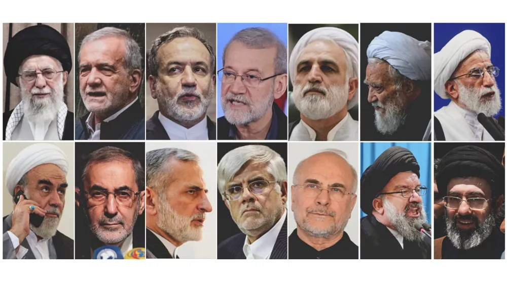 FILE - This combo of file photos show Iran's key political and religious figures, top row, from left, Supreme Leader Ayatollah Ali Khamenei, President Masoud Pezeshkian, Foreign Minister Abbas Araghchi, Khamenei Adviser on Public Policy Ali Larijani, Chief Justice Gholam Hossein Mohseni Ejehi, Head of Assembly Experts Mohammad-Ali Movahedi Kermani and Secretary of Guardian Council Ahmad Jannati, bottom row, from left, Khamenei's Chief of Staff Mohammad Golpayegani, Khamenei Adviser on International Affairs Ali Akbar Velayati, Khamenei Adviser on Foreign Policy Kamal Kharazi, First Vice President Mohammad Reza Aref, Parliament Speaker Mohammad Bagher Ghalibaf, Tehran Friday Prayer Imam Ahmad Khatami and Son of Supreme Leader Mojtaba Khamenei. (AP Photo/File)