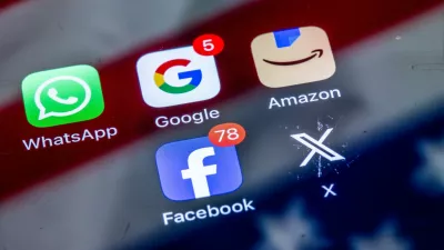 ILLUSTRATION - 10 April 2025, Mecklenburg-Western Pomerania, Schwerin: The apps of various American tech companies, WhatsApp, Google, Amazon, Facebook and X can be seen on the display of a smartphone on which the American flag is reflected. Photo: Jens B&uuml;ttner/dpa,Image: 985843779, License: Rights-managed, Restrictions: GERMANY OUT, Model Release: no