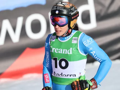 Italy's Federica Brignone reacts at the finish area during a women's World Cup super-G race, in Soldeu, Andorra, Saturday, Feb. 28, 2026. (AP Photo/Marco Trovati)