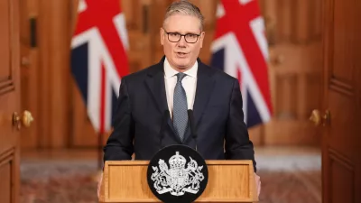 Britain's Prime Minister Keir Starmer issues a statement at 10 Downing Street, London, on the latest developments in the Middle East, Saturday Feb. 28, 2026. (Jonathan Brady/Pool via AP)