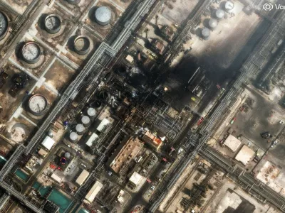 This satellite image provided by Vantor shows damage after a drone attack at Ras Tanura oil refinery, in Saudi Arabia, Monday, March 2, 2026. (Satellite image &copy;2026 Vantor via AP)