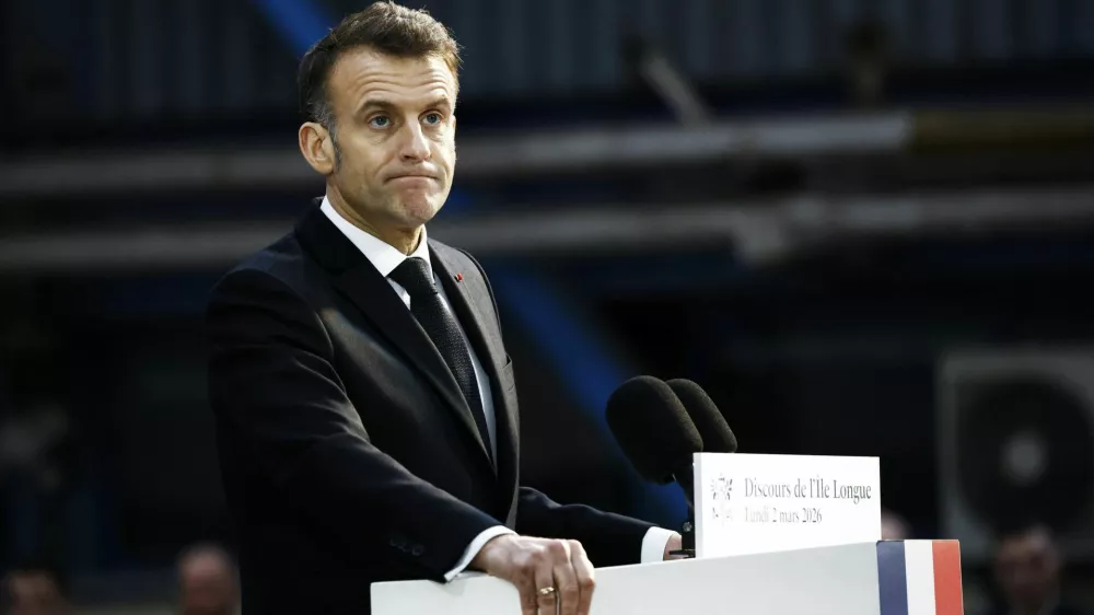 French President Emmanuel Macron delivers a speech at the nuclear submarines Navy base Ile Longue in Crozon, France, March 2, 2026. Yoan Valat /Pool via REUTERS