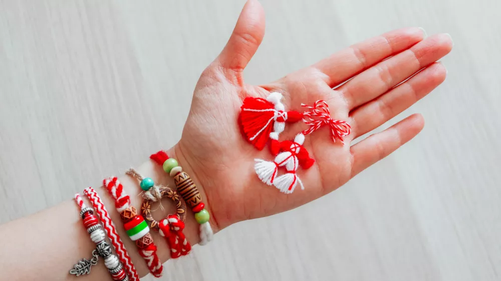 Bulgarian traditional spring decor martenitsa bracelets, holding in hand, wooden background. Baba Marta holiday, backdrop.