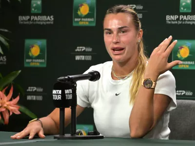 Mar 3, 2026; Indian Wells, CA, USA; Aryna Sabalenka (BEL) speaks to the media at a news conference during the BNP Paribas Open at the Indian Wells Tennis Garden. Mandatory Credit: Jayne Kamin-Oncea-Imagn Images