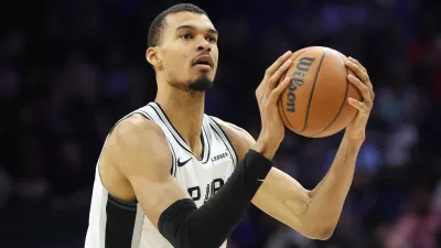 Mar 3, 2026; Philadelphia, Pennsylvania, USA; San Antonio Spurs forward Victor Wembanyama (1) shoots the ball against the Philadelphia 76ers during the second quarter at Xfinity Mobile Arena. Mandatory Credit: Bill Streicher-Imagn Images