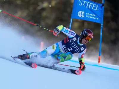 Slovenia's Zan Kranjec competes during a World Cup men's giant slalom skiing race, Friday, Nov. 28, 2025, in Copper Mountain. (AP Photo/Robert F. Bukaty)