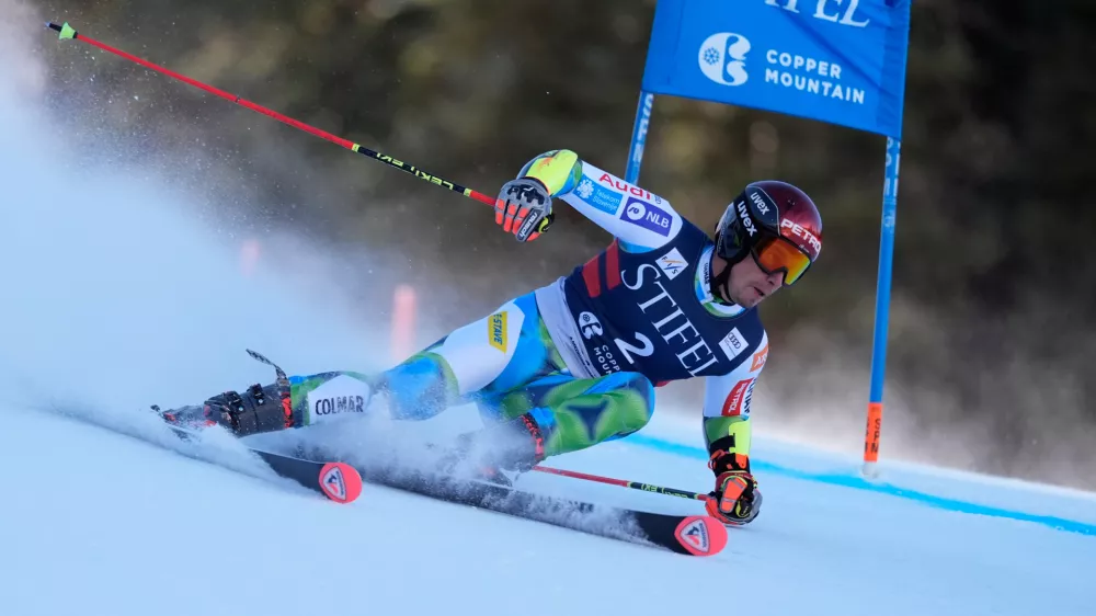 Slovenia's Zan Kranjec competes during a World Cup men's giant slalom skiing race, Friday, Nov. 28, 2025, in Copper Mountain. (AP Photo/Robert F. Bukaty)