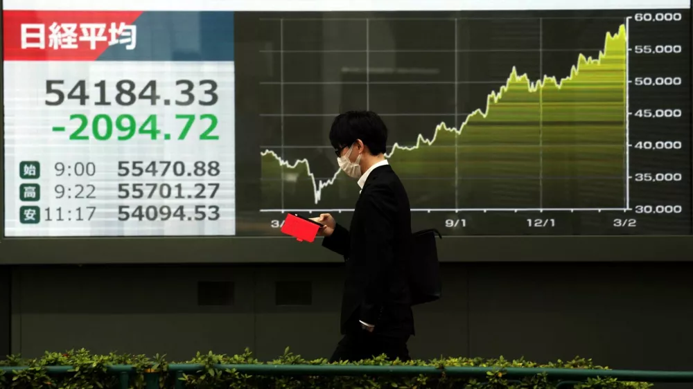 A man walks past a screen displaying Japan's Nikkei share average and graph showing recent movements, outside a brokerage in Tokyo, Japan March 4, 2026. REUTERS/Issei Kato