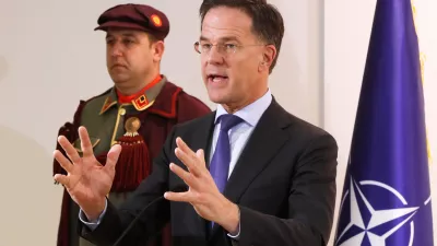 NATO Secretary General Mark Rutte speaks during a news conference with North Macedonia's President Gordana Siljanovska-Davkova, following their meeting at the presidential office in Skopje, North Macedonia, on Tuesday, March 3, 2026. (AP Photo/Boris Grdanoski)