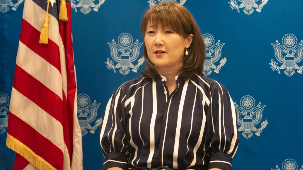 Acting Chief of Protocol Asel Roberts joins Secretary of State Antony J. Blinken, as he delivers virtual remarks to the diplomatic corps, from the U.S. Department of State in Washington, D.C. on July 14, 2021. Copyright: xpiemagsx deptofstpie23052022-30827 ACHTUNG AUFNAHMEDATUM GESCH?TZTNo Use Switzerland. No Use Germany. No Use Japan. No Use Austria