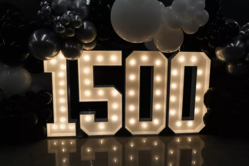 Mar 5, 2026; Los Angeles, California, USA; A display at the Crypto.com Arena recognizing LA Kings center Anze Kopitar (11) for his 1,500th career game. Mandatory Credit: Kirby Lee-Imagn Images