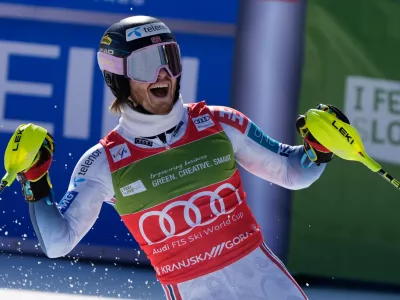 Norway's Atle Lie McGrath celebrates winning an alpine ski, men's World Cup slalom, in Kranjska Gora, Slovenia, Sunday, March 8, 2026. (AP Photo/Giovanni Auletta)
