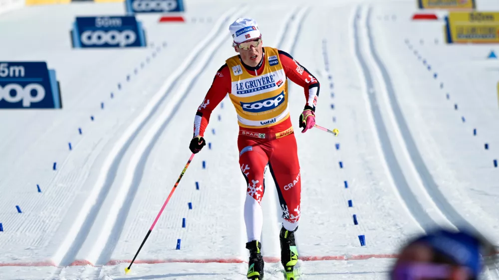 Norway's Johannes H&ouml;sflot Kl&auml;bo wins the Cross-Country Skiing men's 10 km Interval Start Classic Style competition at the FIS Nordic World Cup Lahti Ski Games in Lahti,, Finland, Sunday March 8, 2026. (Emmi Korhonen/Lehtikuva via AP)
