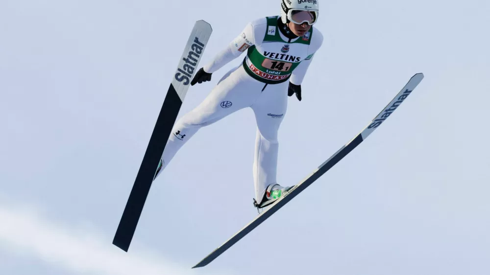 Anze Lanisek of Slovenia competes during Ski Jumping Men's HS130 Super Team at the FIS Nordic World Cup Lahti Ski Games in Lahti, Finland, March 8, 2026. Lehtikuva/Petri Korteniemi via REUTERS   ATTENTION EDITORS - THIS IMAGE WAS PROVIDED BY A THIRD PARTY. NO THIRD PARTY SALES. NOT FOR USE BY REUTERS THIRD PARTY DISTRIBUTORS. FINLAND OUT. NO COMMERCIAL OR EDITORIAL SALES IN FINLAND.