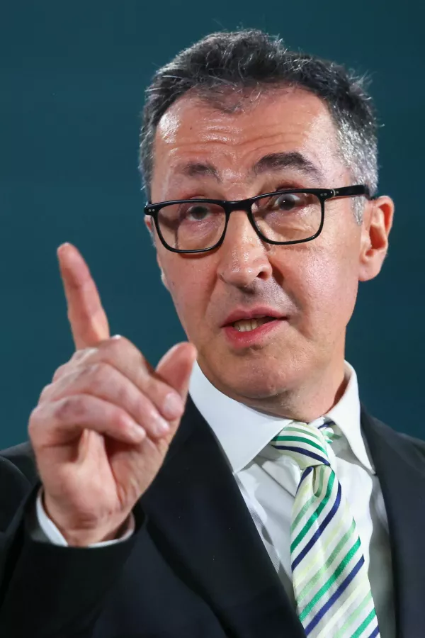 Cem Oezdemir, top candidate of the Greens party in Germany's Baden-Wuerttemberg state election, speaks following exit polls, in Stuttgart, Germany, March 8, 2026. REUTERS/Wolfgang Rattay