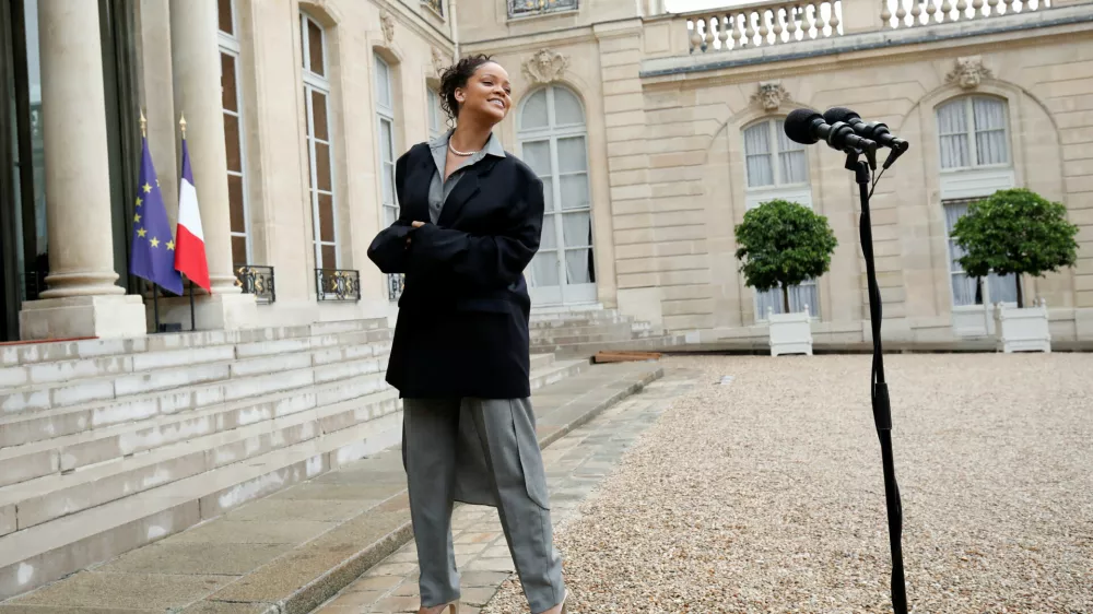 Singer Rihanna, founder of the Clara Lionel Foundation (CLF), delivers a speech after a meeting with the French President at the Elysee Palace in Paris, France, July 26, 2017. REUTERS/Benoit Tessier