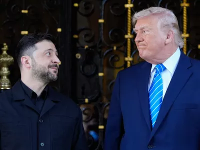President Donald Trump greets Ukraine's President Volodymyr Zelenskyy at his Mar-a-Lago club, Sunday, Dec. 28, 2025, in Palm Beach, Fla. (AP Photo/Alex Brandon)