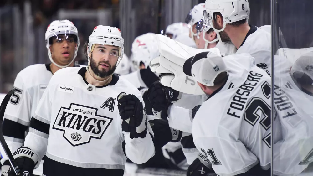 Mar 10, 2026; Boston, Massachusetts, USA; Los Angeles Kings defenseman Drew Doughty (8) celebrates his goal with his teammates during the third period against the Boston Bruins at TD Garden. Mandatory Credit: Bob DeChiara-Imagn Images