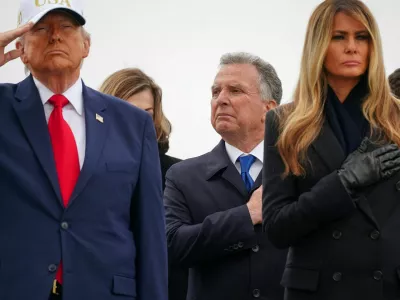 U.S. Special Envoy Steve&nbsp;Witkoff stands behind President Donald Trump and first lady Melania Trump during a dignified transfer of the remains of six U.S. Army service members of the 103rd Sustainment Command, who were killed in Kuwait, Major Jeffrey O'Brien, Capitain Cody Khork, Chief Warrant Officer 3 Robert Marzan, Sergeant 1st Class Nicole Amor, Sergeant 1st Class Noah Tietjens and Sergeant Declan Coady, amid the U.S.-Israeli conflict with Iran, at Dover Air Force Base in Dover, Delaware, U.S., March 7, 2026. REUTERS/Nathan Howard
