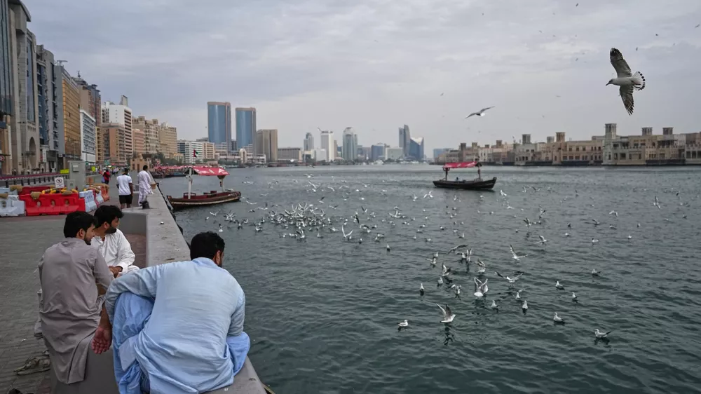 Afghan men watch as seagulls fly over Dubai Creek in Dubai, United Arab Emirates, Tuesday, March 10, 2026. (AP Photo/ Fatima Shbair)