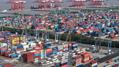 An aerial view of a container terminal in seen in Shanghai, Tuesday, March 10, 2026. (Chinatopix via AP)