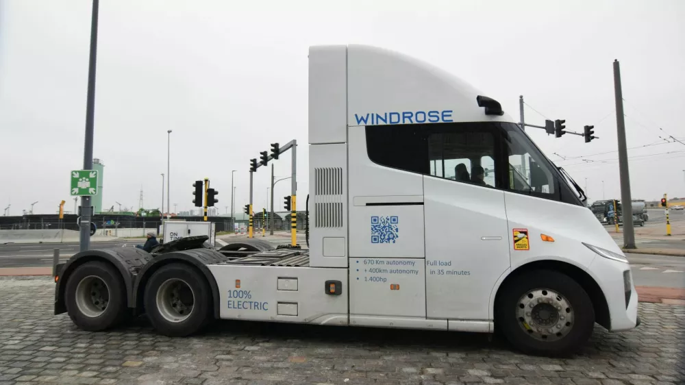 The Global E700, a heavy-duty electric truck developed by Chinese startup Windrose, will start sales in Europe this year in Antwerp, Belgium, January 29, 2026. REUTERS/Nick Carey