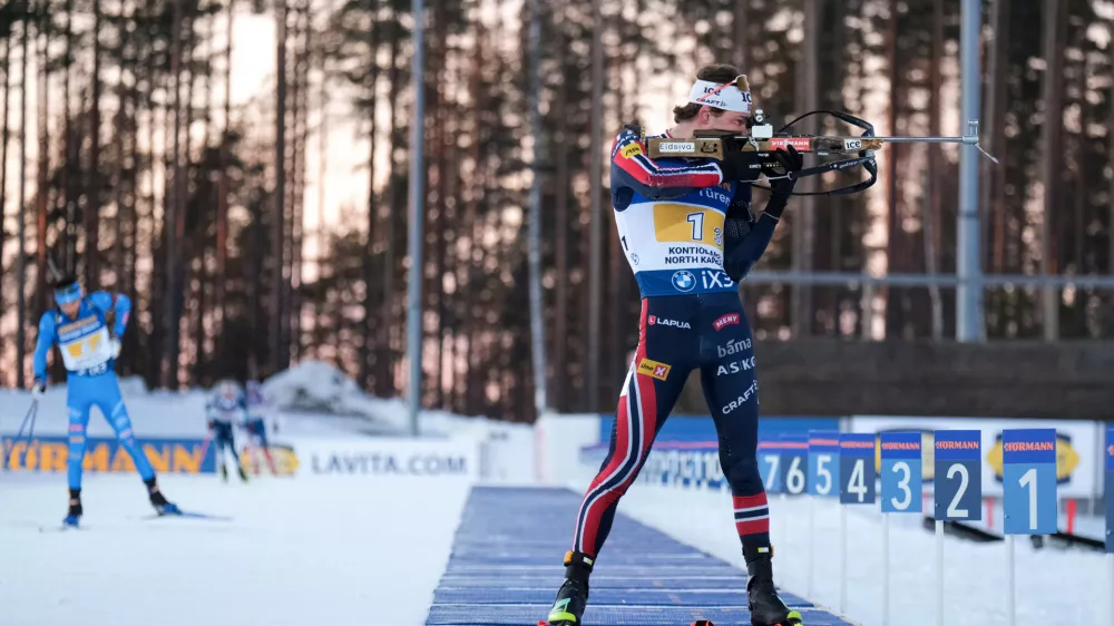 Sturla Holm Laegreid of Norway competes during the Men's 4x7.5 km Relay competition of the IBU Biathlon World Cup in Kontiolahti, Finland, Saturday March 7, 2026. (Minna Raitavuo/Lehtikuva via AP)