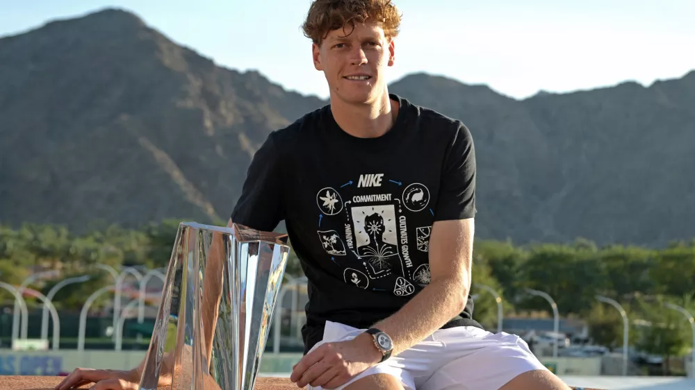 Mar 15, 2026; Indian Wells, CA, USA; Jannik Sinner (ITA) with the championship trophy after he defeated Daniil Medvedev (RUS) in the menŐs final of the BNP Paribas Open at the Indian Wells Tennis Garden. Mandatory Credit: Jayne Kamin-Oncea-Imagn Images