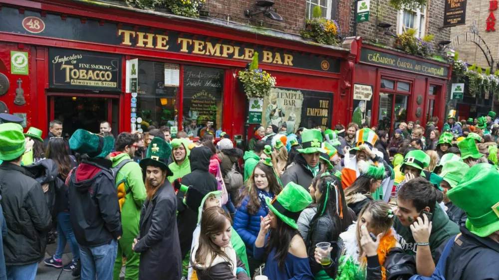 Dublin, Ireland - March 17, 2014: Saint Patrick's Day parade in Dublin Ireland on March 17, 2014: People dress up Saint Patrick's at The Temple Bar