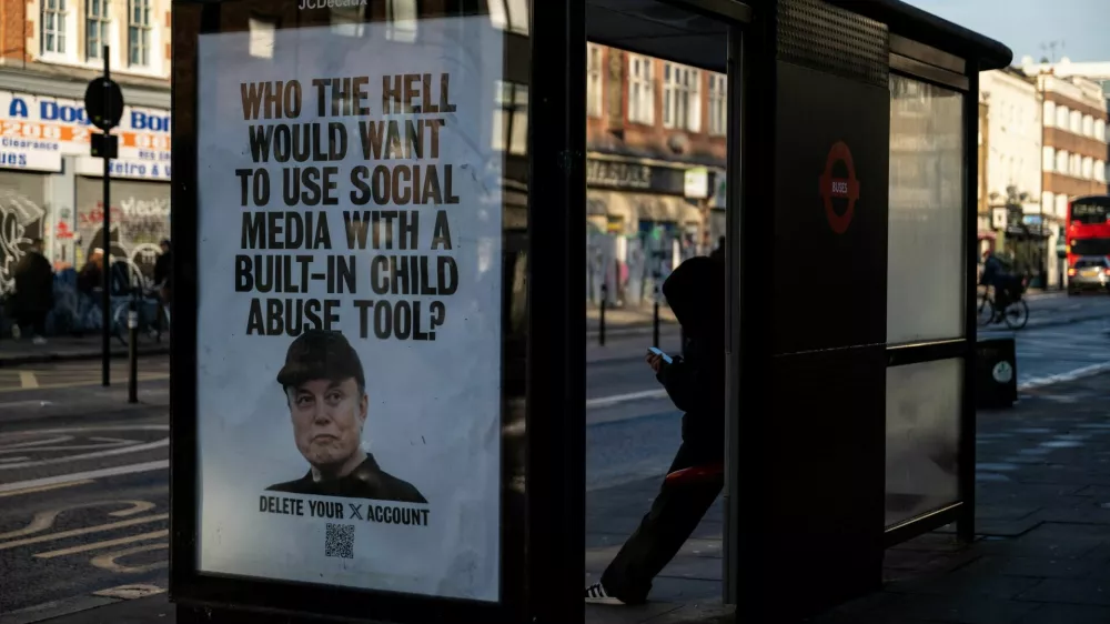 A bus stop displays a poster put in place by protest group Everyone Hates Elon, calling for a boycott of Elon Musk's social media platform X, in London, Britain, January 14, 2026. REUTERS/Chris J Ratcliffe