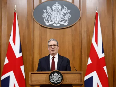 Britain's Prime Minister Keir Starmer speaks to the media at Downing Street, in London, March 16, 2026. (Brook Mitchell/Pool Photo via AP)