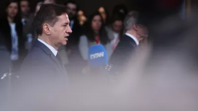 Slovenia's Prime Minister Robert Golob speaks with the media as he arrives for the EU summit at the European Council building in Brussels, Thursday, March 19, 2026. (AP Photo/Omar Havana)