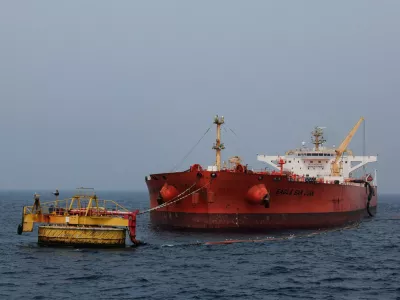 A crude oil tanker EAGLE SAN JUAN, sailing under the flag of Singapore and carrying crude oil from the U.S., offloads at Cnergyico's Single Point Mooring (SPM), Pakistan's first and only floating port, located near Hub coast in Balochistan, Pakistan, March 18, 2026. REUTERS/Akhtar Soomro
