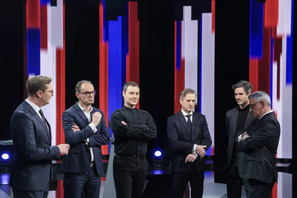Vladimir Prebilič, Anže Logar, Matjaž Han, Miha Kordi&scaron;, Robert Golob, Luka Mesec- 19.02.2026 - Prvo soočenje predsednikov strank na RTV SLO - parlamentarne volitve 2026//FOTO: Jaka Gasar / Foto: Jaka Gasar