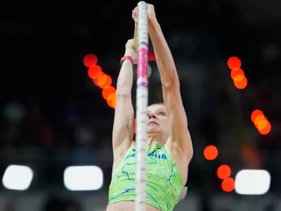 Tina Sutej, of Slovenia, makes an attempt in the women's pole vault final at the World Athletics Indoor Championships in Torun, Poland, Sunday, March 22, 2026. (AP Photo/Matthias Schrader)