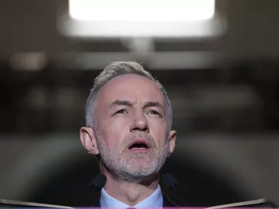 French socialist candidate for Paris mayoral election, Emmanuel Gregoire gives a speech after he won the second round of France's municipal elections in Paris, France, Sunday, March 22, 2026. (AP Photo/Thibault Camus)