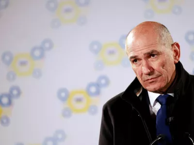President of the Slovenian Democratic Party (SDS) Janez Jansa delivers a statement after the polls closed on the day of the parliamentary elections in Ljubljana, Slovenia, March 22, 2026. REUTERS/Borut Zivulovic