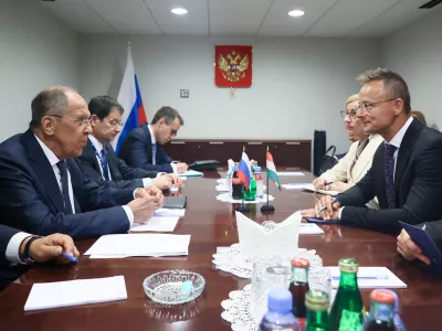 NEW YORK, UNITED STATES - JULY 17: (----EDITORIAL USE ONLY - MANDATORY CREDIT - 'RUSSIAN FOREIGN PRESS SERVICE / HANDOUT' - NO MARKETING NO ADVERTISING CAMPAIGNS - DISTRIBUTED AS A SERVICE TO CLIENTS----) Russian Foreign Minister Sergey Lavrov (L) and Hungarian Foreign and Trade Minister Peter Szijjarto (R) meet at the UN Headquarters in New York, United States on July 17, 2024. Russian Foreign Press Service/Handout / AnadoluNo Use USA No use UK No use Canada No use France No use Japan No use Italy No use Australia No use Spain No use Belgium No use Korea No use South Africa No use Hong Kong No use New Zealand No use Turkey